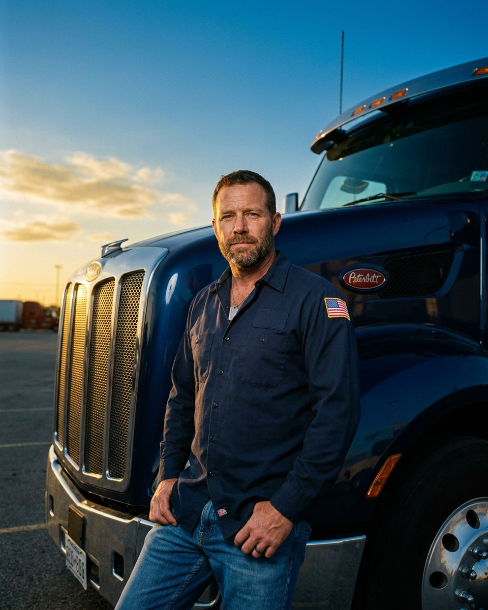 American veteran driver standing beside a dark-blue Peterbilt semi truck at sunset
